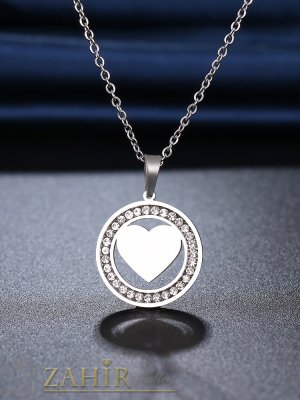 Кристален медальон сърце от стомана 2  см на стоманена верижка класически модел в 2 размера -45 или 50 см - K2180